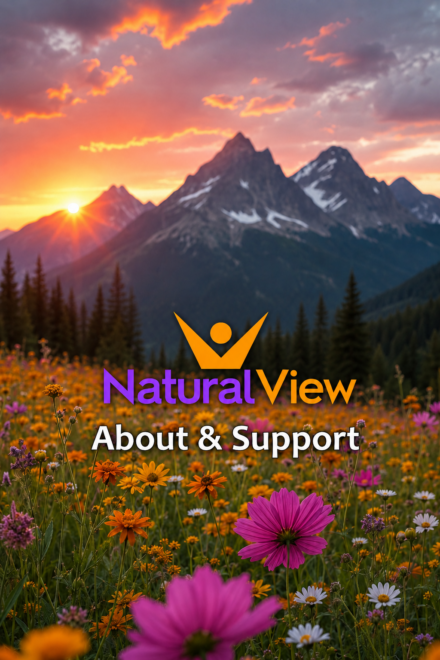 NV aboutn support celltab field of flowers in front of mountains at sunset with Natural View logo and "About and Support"